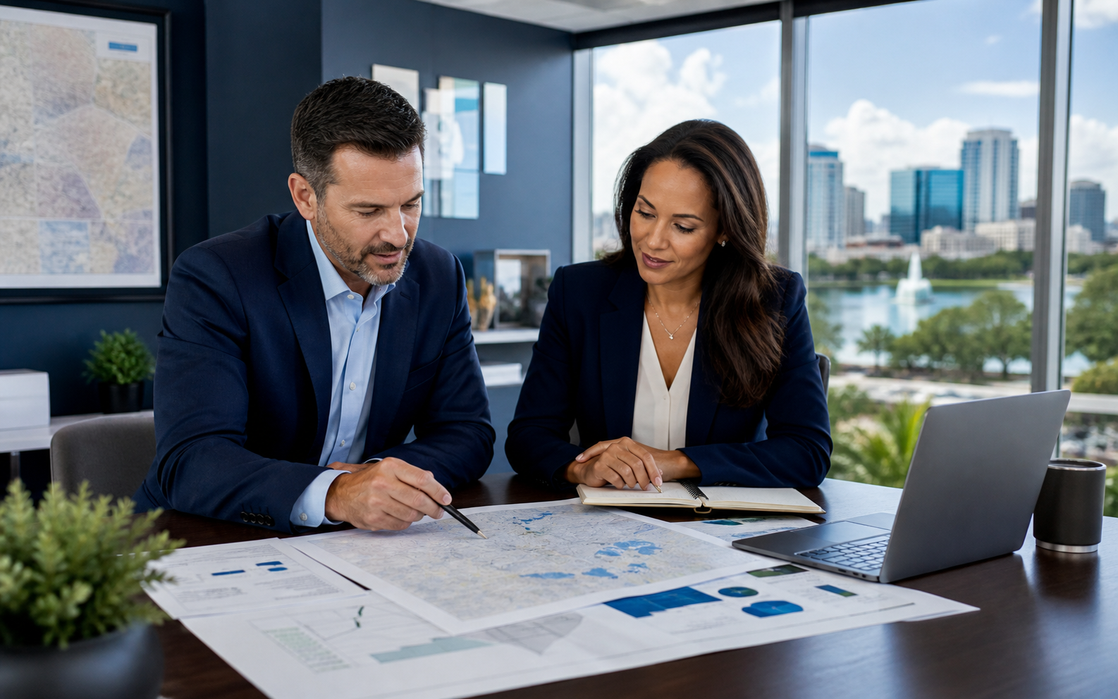 Business owner consulting a printed cybersecurity resource map with a laptop in a Central Florida office