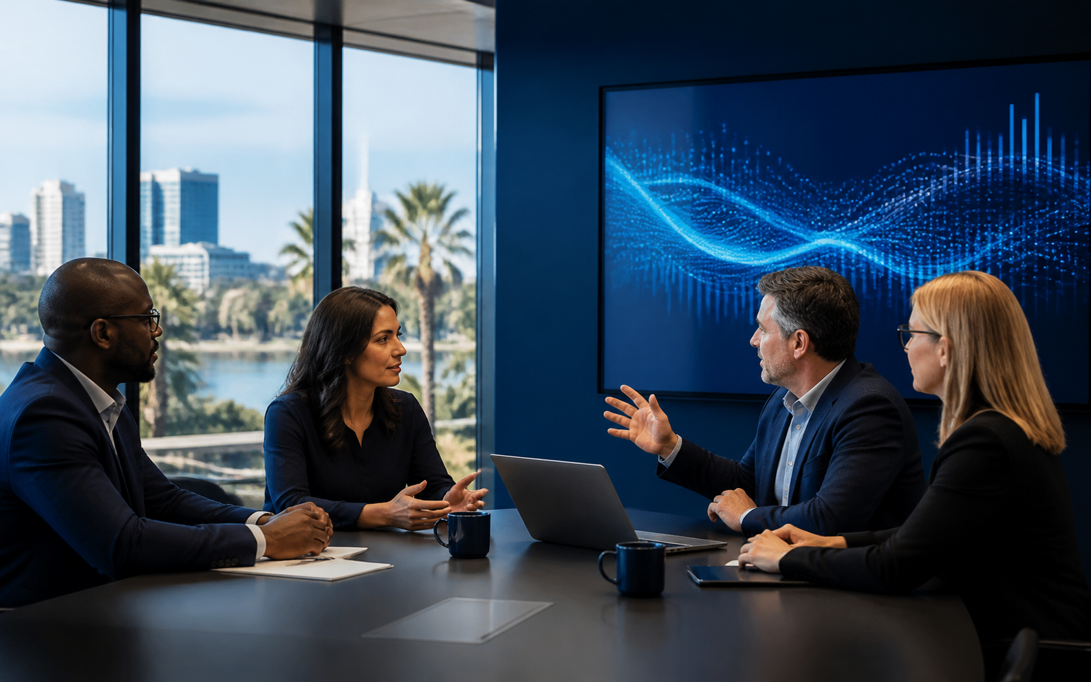 Business technology team discussing responsible automation and identity governance in a modern office