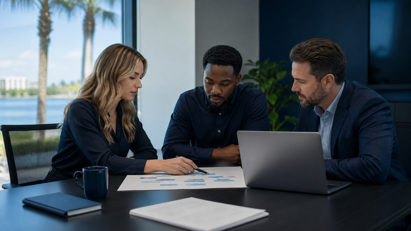 Small Central Florida office team reviewing a simple cybersecurity plan on a table