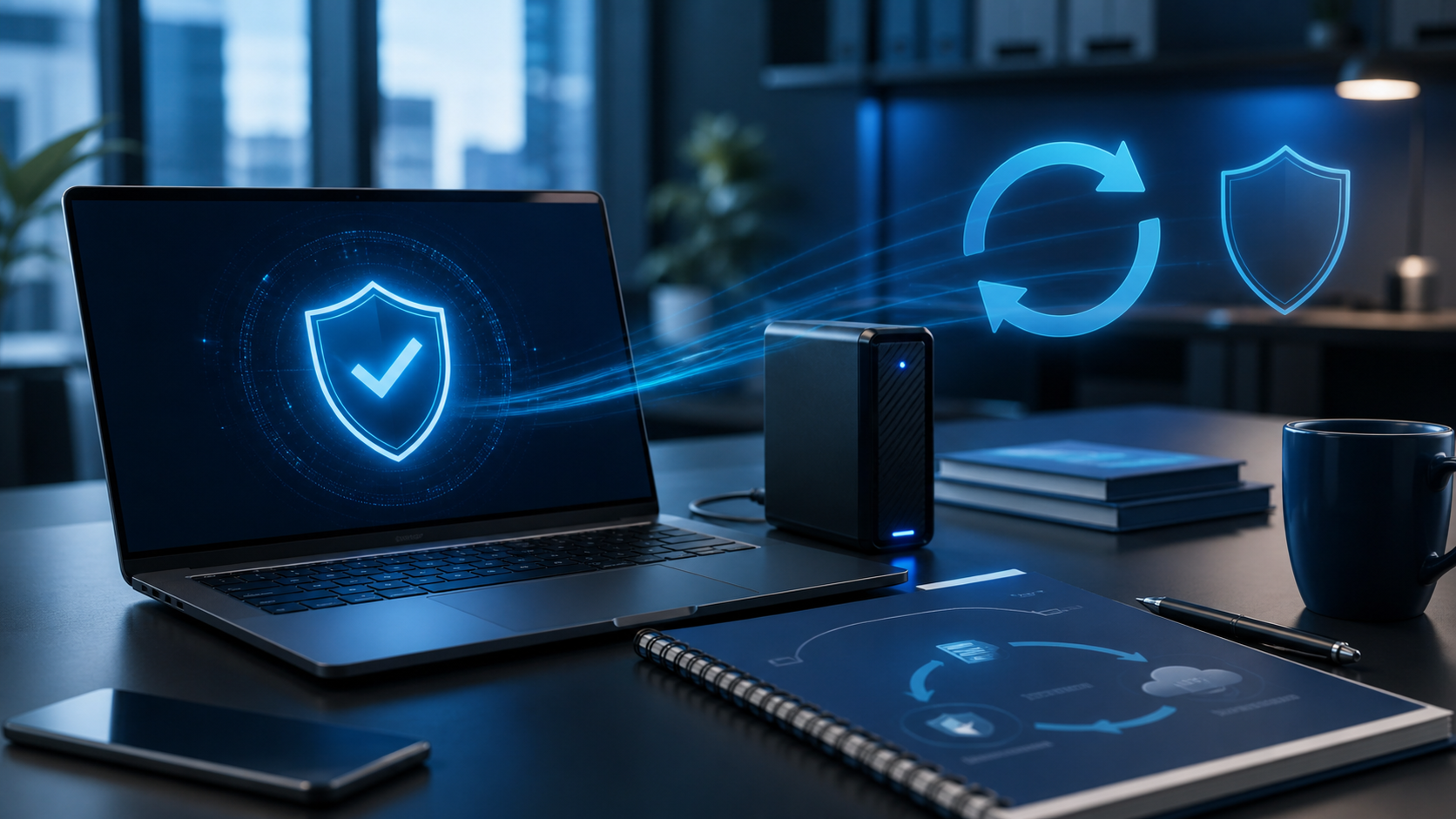 Business continuity planning materials beside a secure backup storage concept in an office