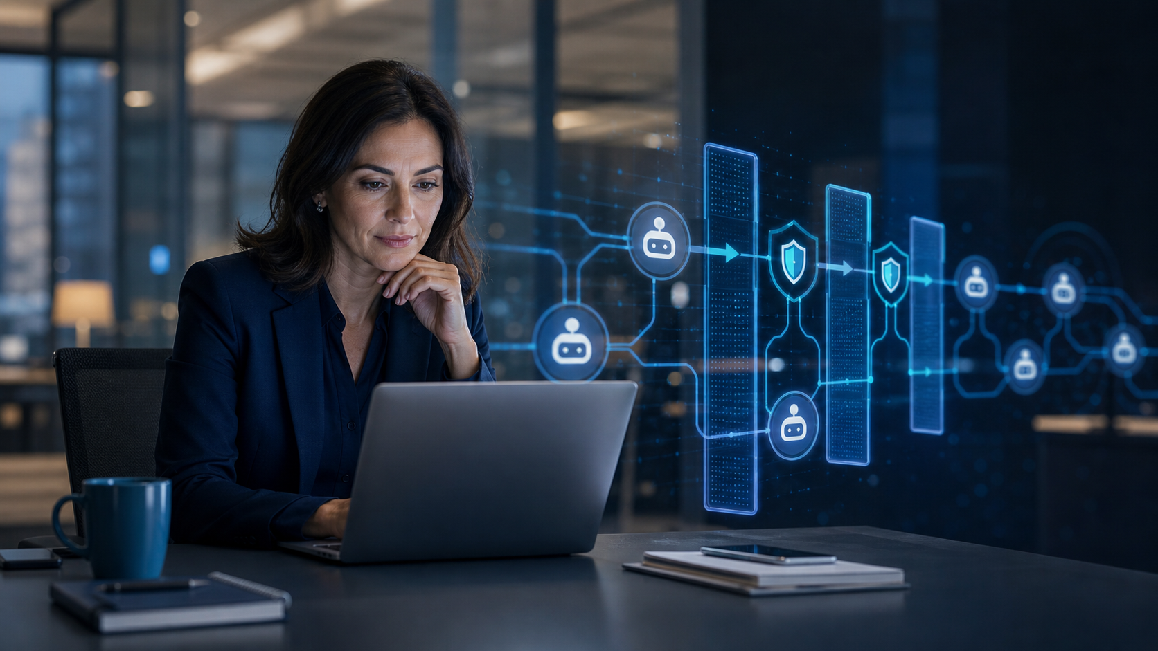 Office manager reviewing an AI workflow approval plan on a laptop