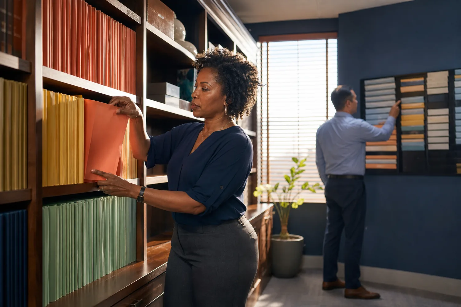 Compliance manager organizing evidence folders in a Central Florida professional office