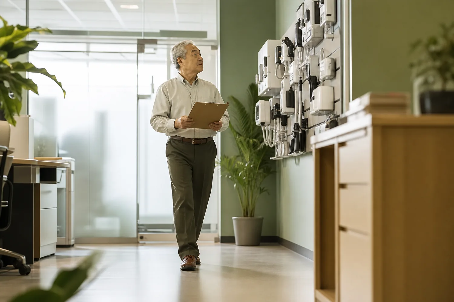 Office administrator performing a practical security equipment walkthrough