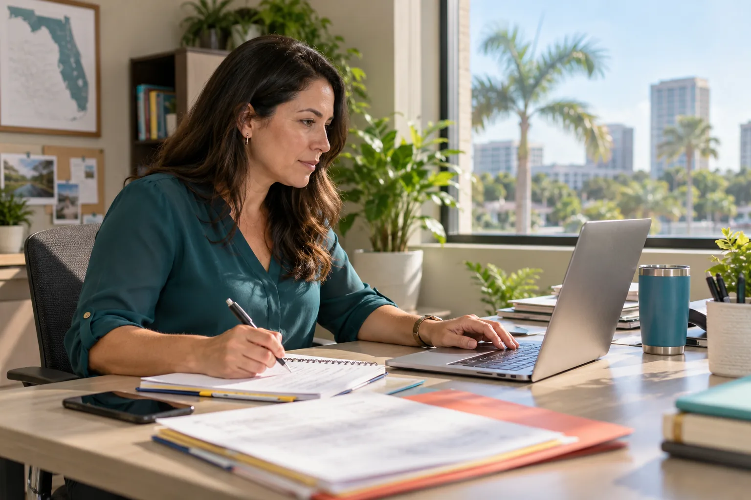 Central Florida office manager reviewing official cybersecurity resources at a professional workspace