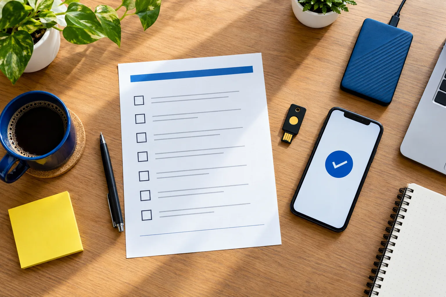 Cybersecurity verification worksheet with a security key, approval screen, and backup drive on an office desk