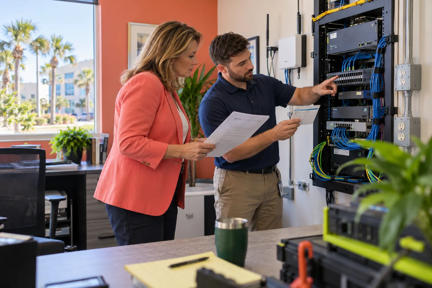 Central Florida small-business manager and IT technician matching a security advisory to network equipment in a U.S. office technology room