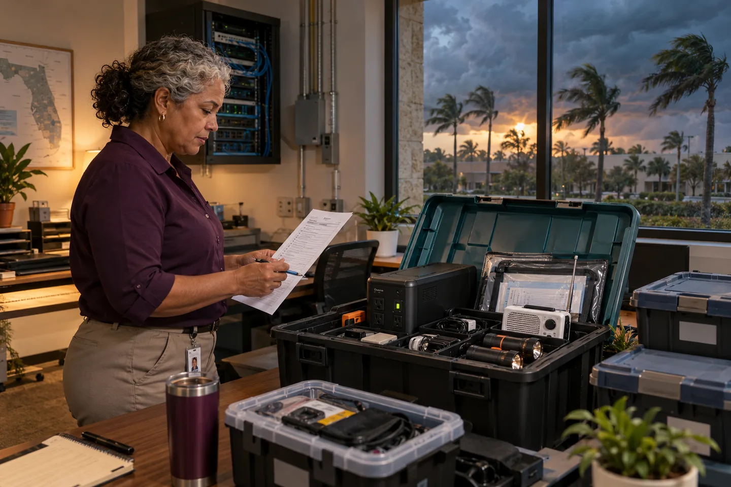Central Florida operations coordinator reviewing an IT continuity kit beside protected network equipment as storm clouds approach outside