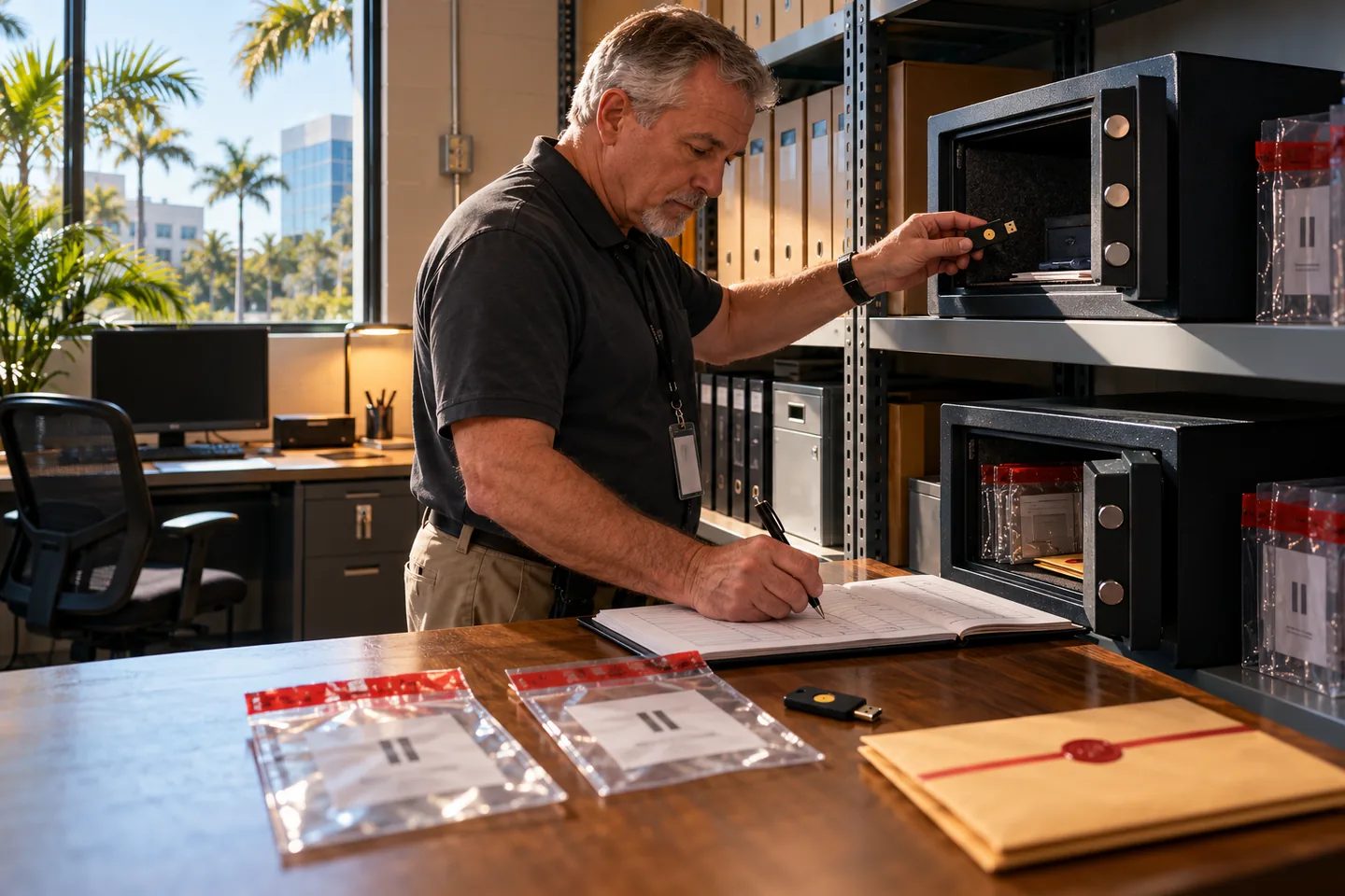 Two emergency security keys being logged into separate fire-resistant safes by an IT administrator in a Central Florida office