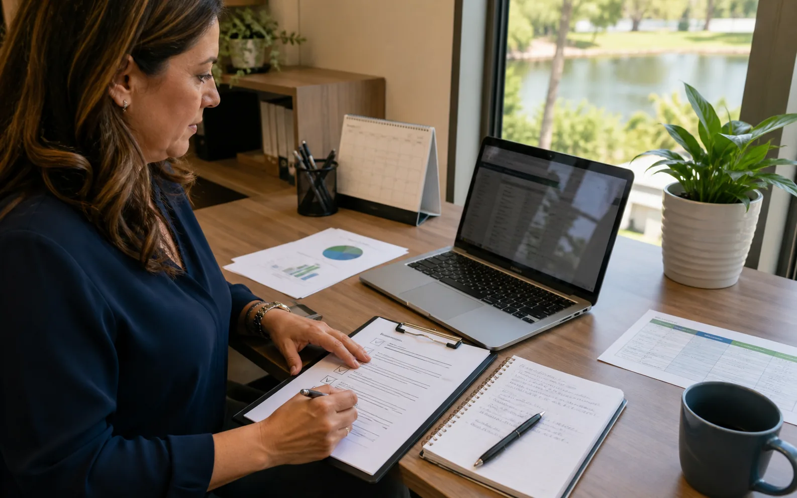 Office manager using a practical cybersecurity checklist beside a laptop and organized records