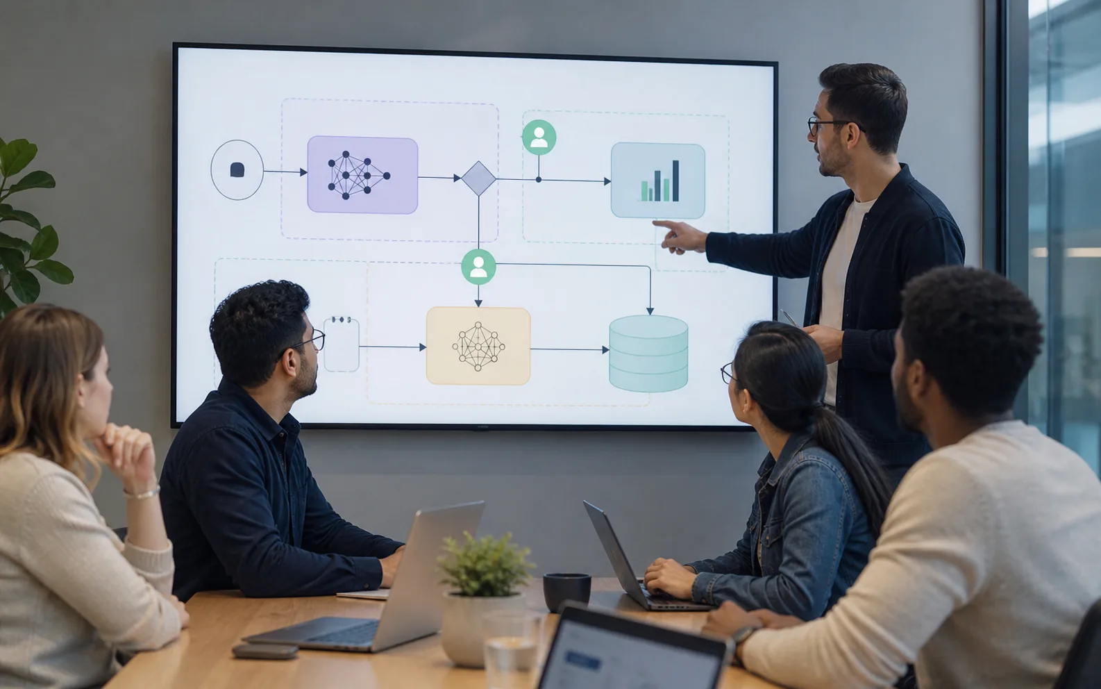 Business team reviewing an AI workflow with access boundaries and human approval steps